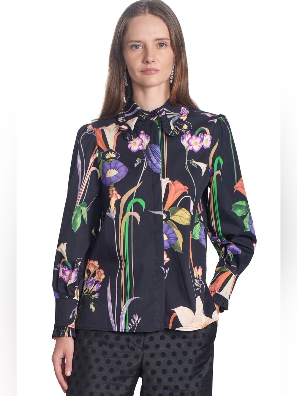 Corey Lynn Calter Black Floral Tie-Neck Blouse with Multicolor Florals